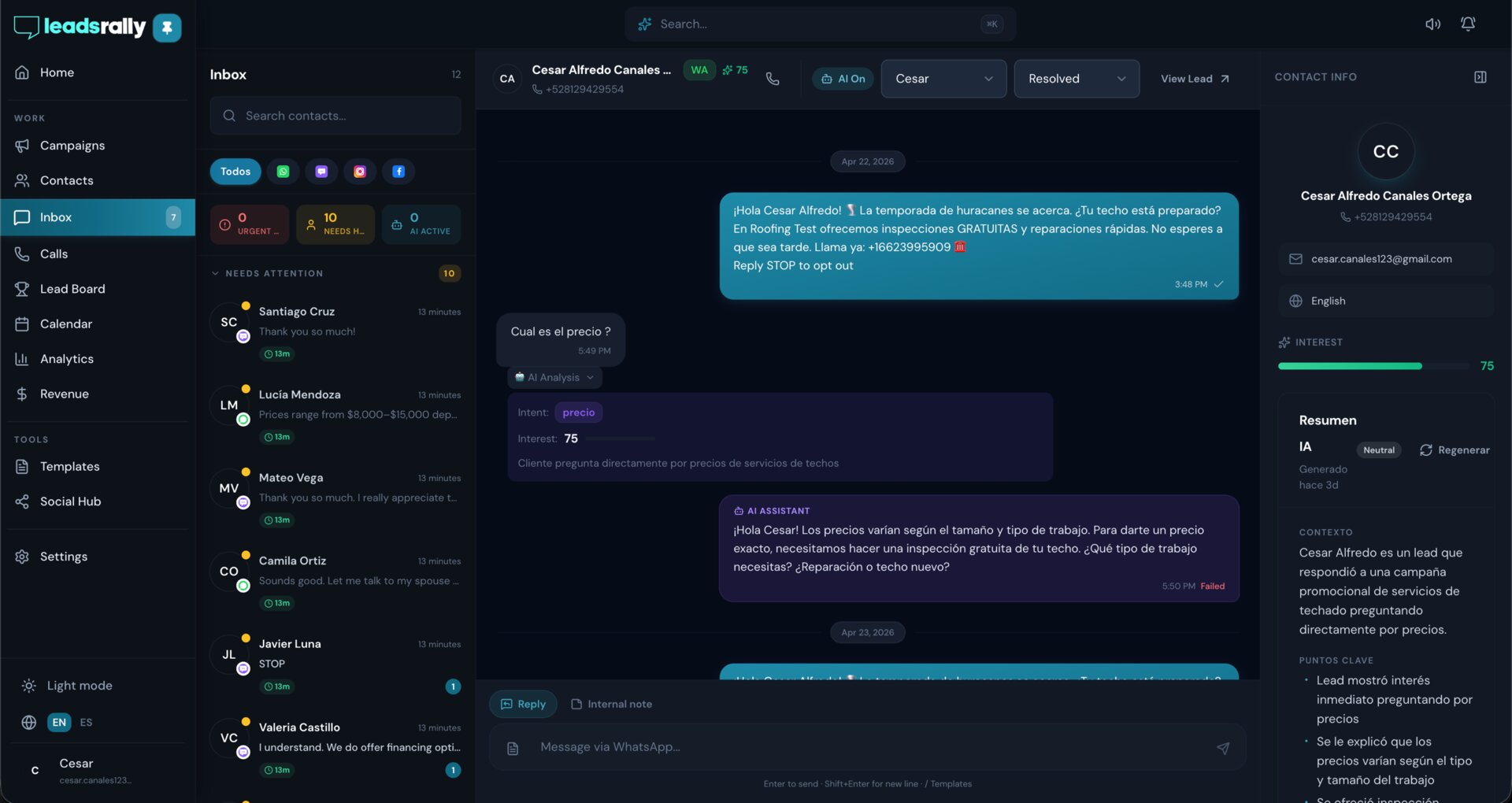 LeadsRally inbox with WhatsApp, SMS, and email conversations replied by AI